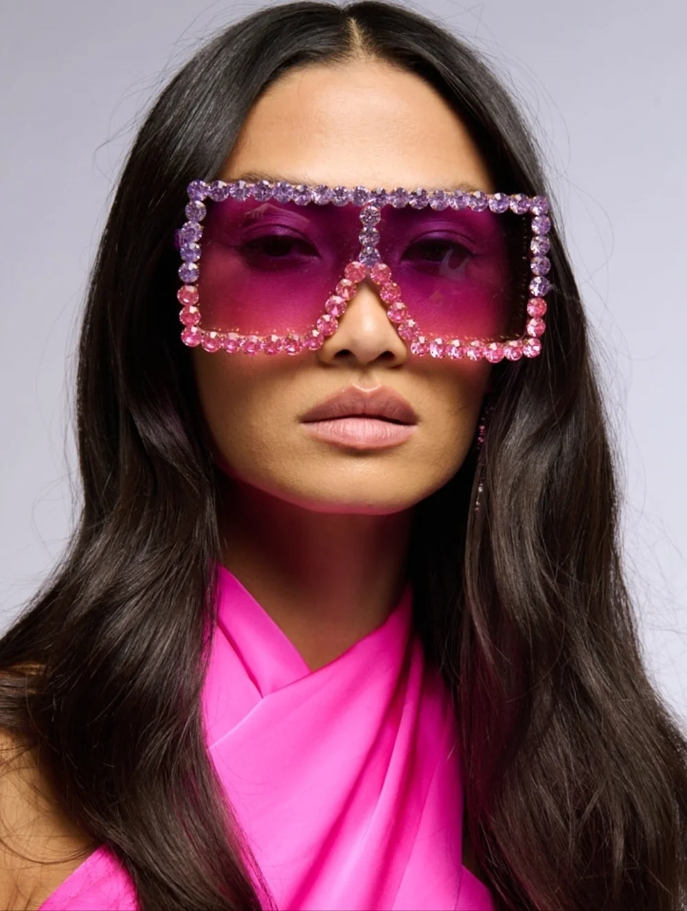 Crystal Rhinestones-Embellished Oversized Pink/Purple Sunglasses - Women